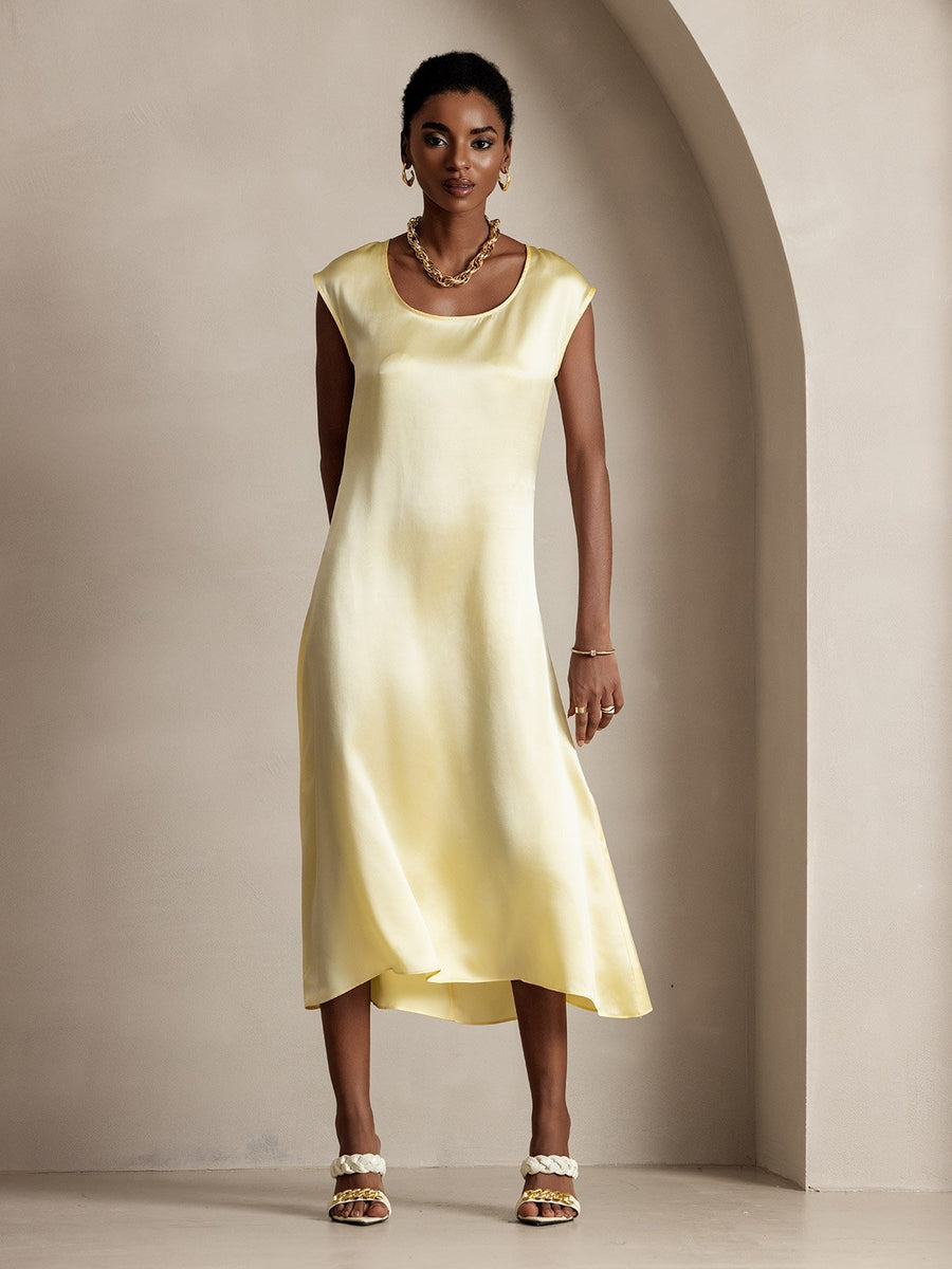 Clearance - 19Momme Silk Round Neck Cap Sleeve Midi Dress
