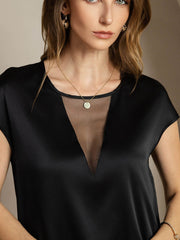 Clearance - 19Momme Silk Round Neck Cap Sleeve Top with Sheer V Insert Design