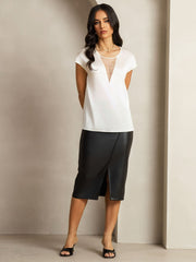 Clearance - 19Momme Silk Round Neck Cap Sleeve Top with Sheer V Insert Design