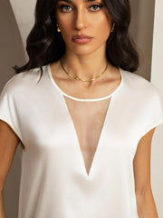 Clearance - 19Momme Silk Round Neck Cap Sleeve Top with Sheer V Insert Design