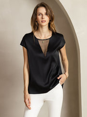 Clearance - 19Momme Silk Round Neck Cap Sleeve Top with Sheer V Insert Design