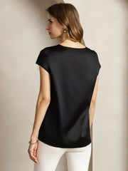 Clearance - 19Momme Silk Round Neck Cap Sleeve Top with Sheer V Insert Design