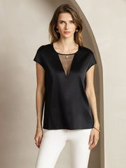 Clearance - 19Momme Silk Round Neck Cap Sleeve Top with Sheer V Insert Design