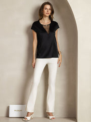 Clearance - 19Momme Silk Round Neck Cap Sleeve Top with Sheer V Insert Design