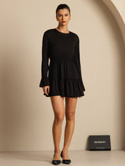 Clearance - 19Momme Silk  Ruffle Sleeves Short A-Line Flowy Dress
