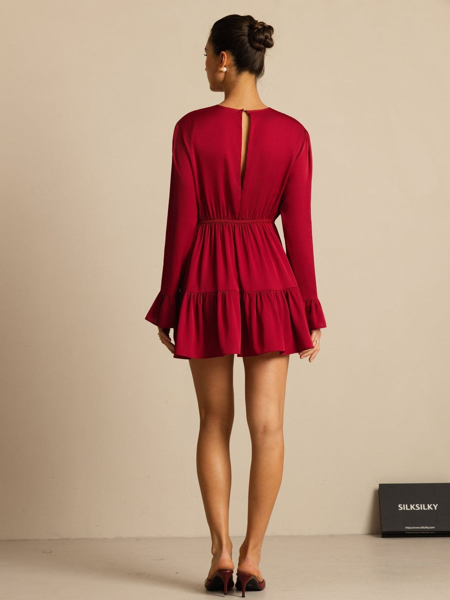Clearance - 19Momme Silk  Ruffle Sleeves Short A-Line Flowy Dress
