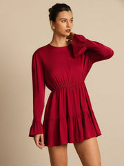 Clearance - 19Momme Silk  Ruffle Sleeves Short A-Line Flowy Dress