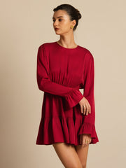Clearance - 19Momme Silk  Ruffle Sleeves Short A-Line Flowy Dress