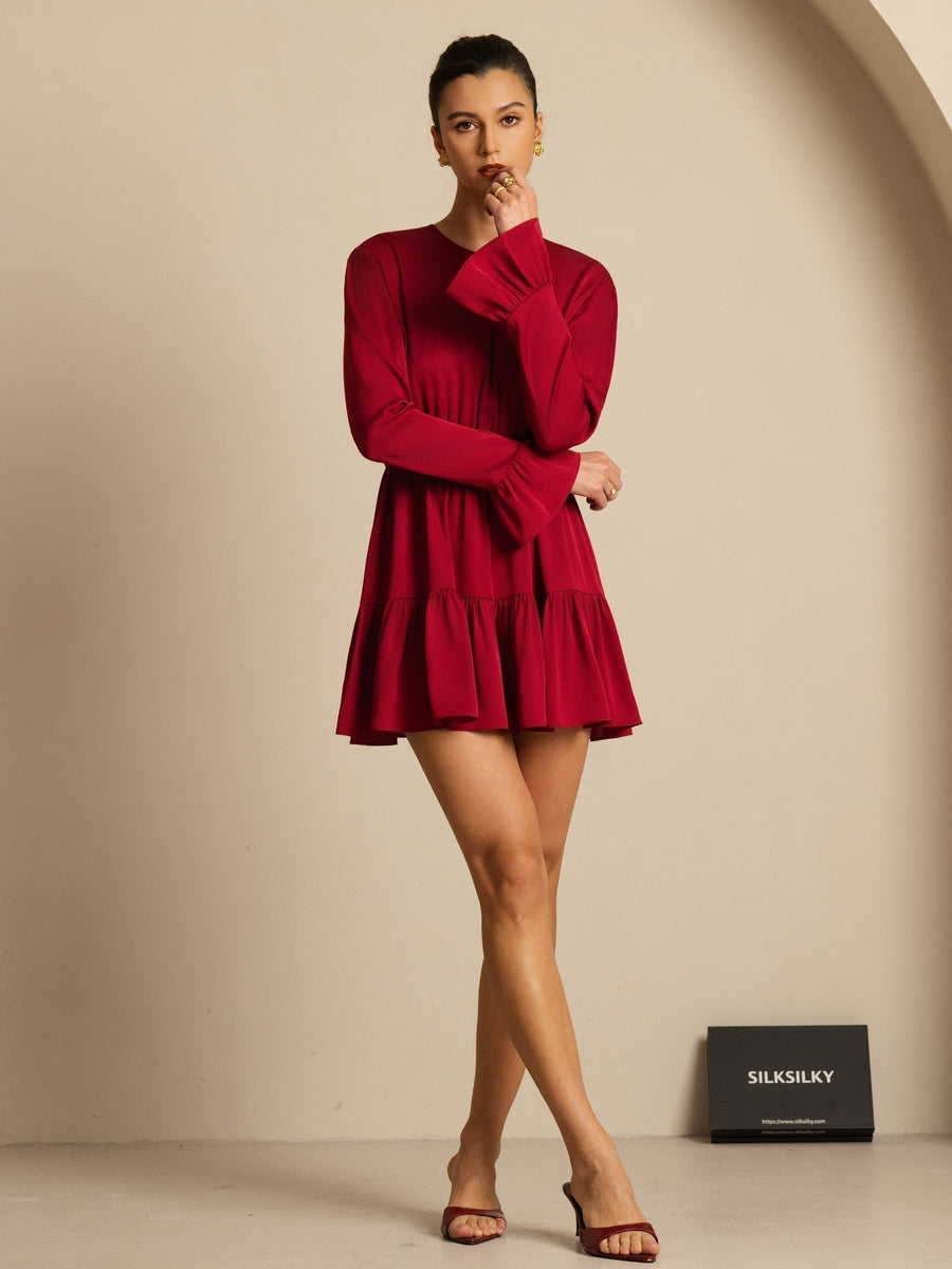 Clearance - 19Momme Silk  Ruffle Sleeves Short A-Line Flowy Dress