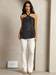Clearance - 19Momme Silk Sleeveless Polka Dot Halter Neck Twist Top with Back Button Closure