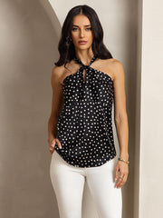 Clearance - 19Momme Silk Sleeveless Polka Dot Halter Neck Twist Top with Back Button Closure