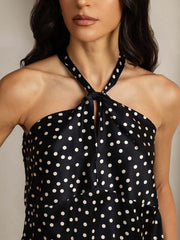Clearance - 19Momme Silk Sleeveless Polka Dot Halter Neck Twist Top with Back Button Closure