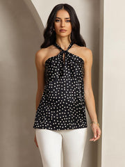 Clearance - 19Momme Silk Sleeveless Polka Dot Halter Neck Twist Top with Back Button Closure