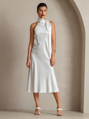 Clearance - 19Momme Silk Sleeveless Tie Neck Midi Dress