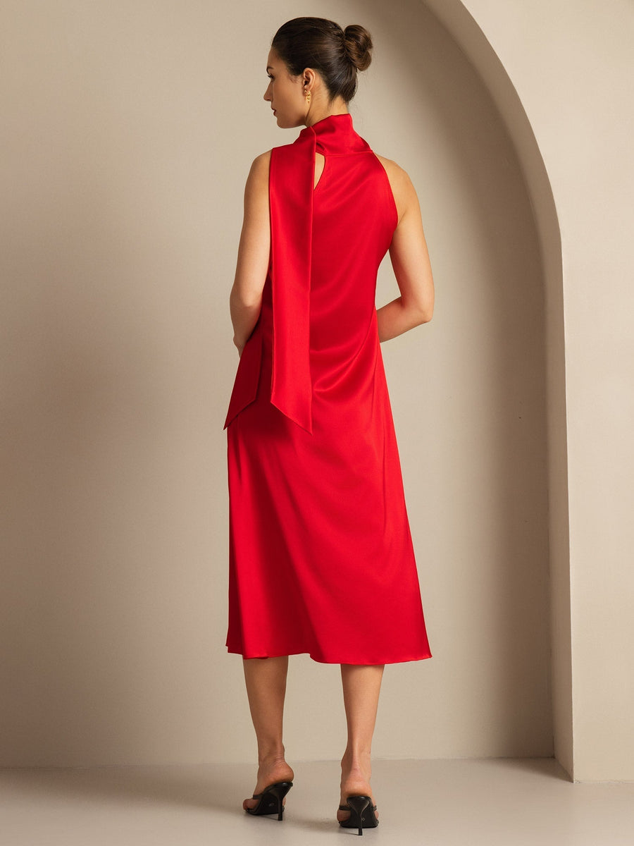 Clearance - 19Momme Silk Sleeveless Tie Neck Midi Dress