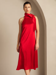 Clearance - 19Momme Silk Sleeveless Tie Neck Midi Dress