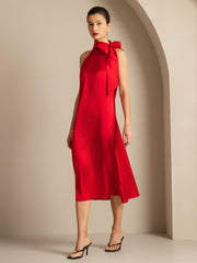 Clearance - 19Momme Silk Sleeveless Tie Neck Midi Dress