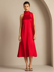 Clearance - 19Momme Silk Sleeveless Tie Neck Midi Dress