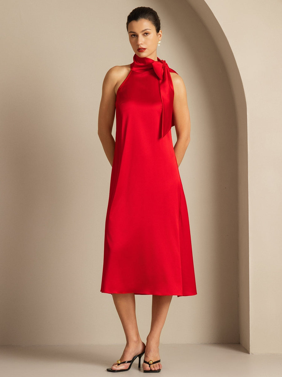 Clearance - 19Momme Silk Sleeveless Tie Neck Midi Dress