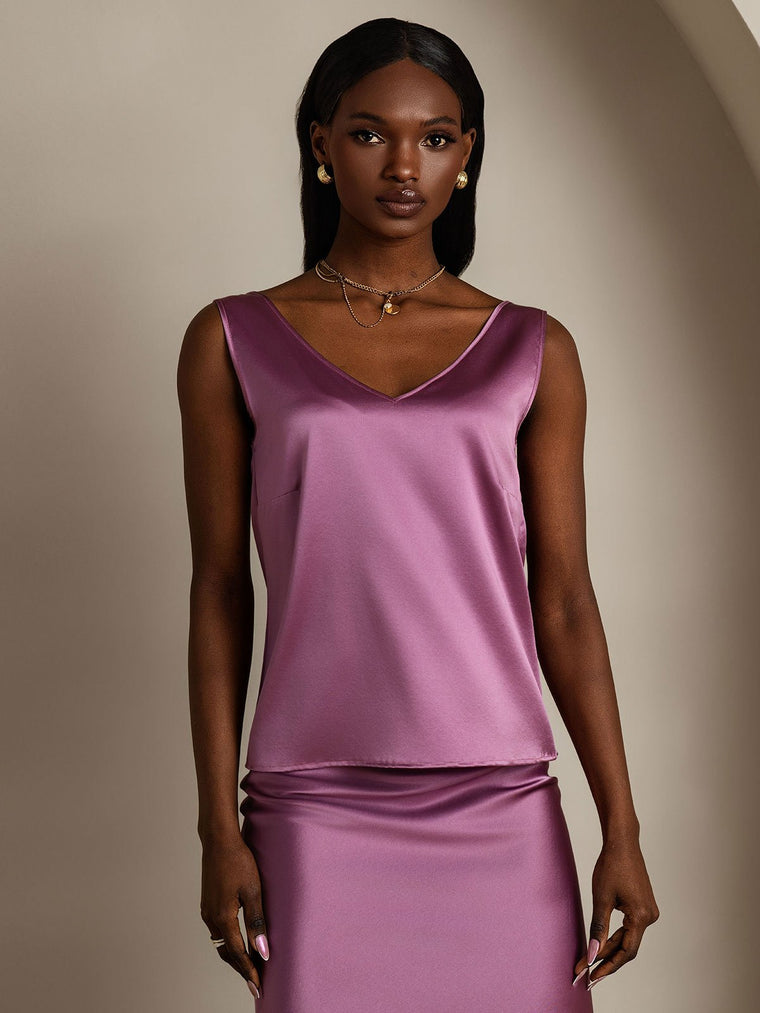 Clearance - 19Momme Silk Sleeveless V Neck Women's Tank Top with V Back Design