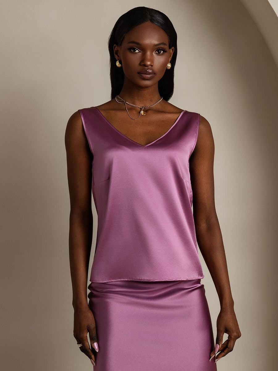 Clearance - 19Momme Silk Sleeveless V Neck Women's Tank Top with V Back Design