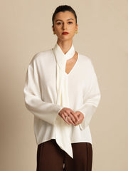 Clearance - 19Momme Silk Women's Asymmetrical Tie V Neck Blouse