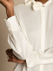 Clearance - 19Momme Silk Women's Long Sleeve Stand Collar Bow Blouse