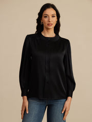 Clearance - 19Momme Silk Women's Round Neck Lantern Sleeve Blouse With Button Closure