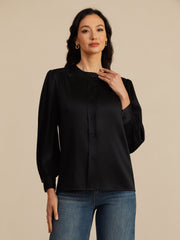 Clearance - 19Momme Silk Women's Round Neck Lantern Sleeve Blouse With Button Closure