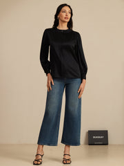 Clearance - 19Momme Silk Women's Round Neck Lantern Sleeve Blouse With Button Closure