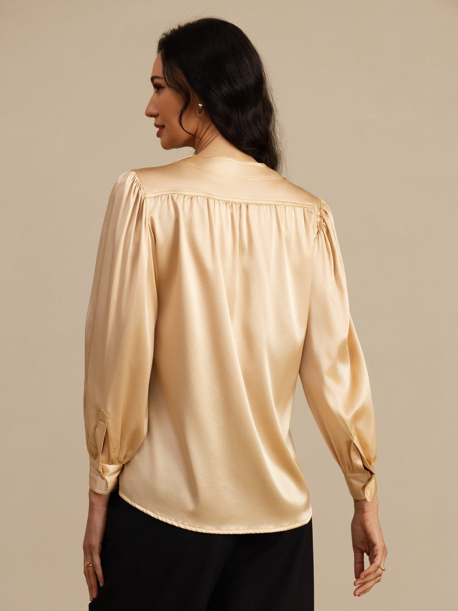 Clearance - 19Momme Silk Women's Round Neck Lantern Sleeve Blouse With Button Closure