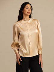 Clearance - 19Momme Silk Women's Round Neck Lantern Sleeve Blouse With Button Closure