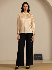 Clearance - 19Momme Silk Women's Round Neck Lantern Sleeve Blouse With Button Closure