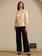 Clearance - 19Momme Silk Women's Round Neck Lantern Sleeve Blouse With Button Closure