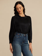 Clearance - 19Momme Silk Women's Round Neck Lantern Sleeve Blouse With Button Closure