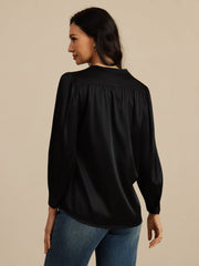 Clearance - 19Momme Silk Women's Round Neck Lantern Sleeve Blouse With Button Closure