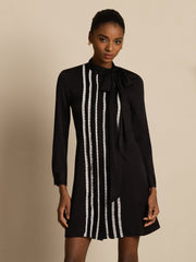 Clearance - 19Momme Silk  Women's Tie-Neck Short Shirt Dress with Vertical Pleated