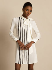 Clearance - 19Momme Silk  Women's Tie-Neck Short Shirt Dress with Vertical Pleated