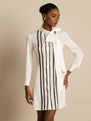Clearance - 19Momme Silk  Women's Tie-Neck Short Shirt Dress with Vertical Pleated