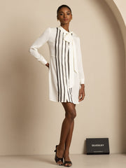 Clearance - 19Momme Silk  Women's Tie-Neck Short Shirt Dress with Vertical Pleated