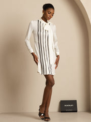 Clearance - 19Momme Silk  Women's Tie-Neck Short Shirt Dress with Vertical Pleated