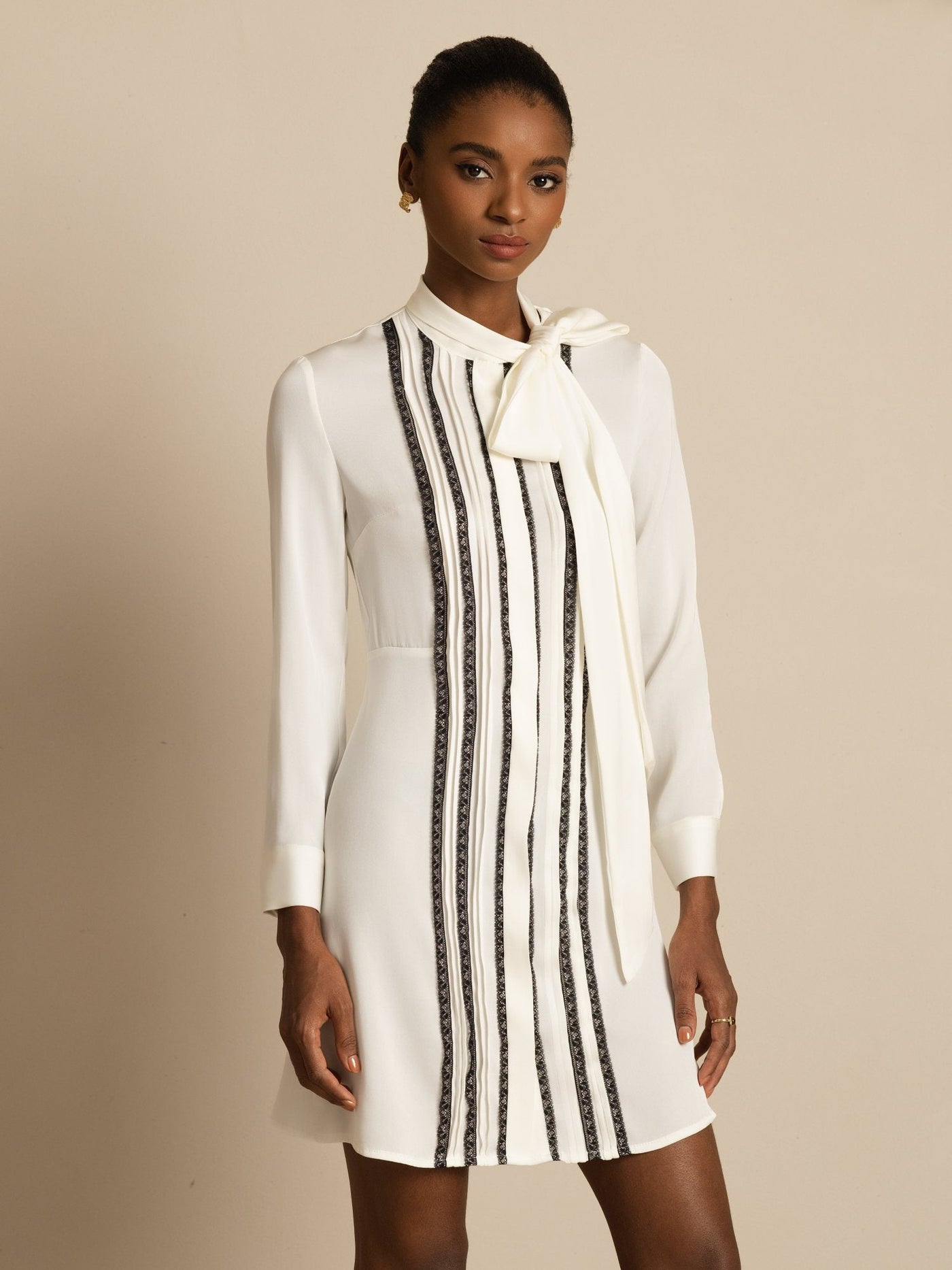 Clearance - 19Momme Silk  Women's Tie-Neck Short Shirt Dress with Vertical Pleated