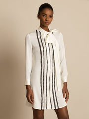 Clearance - 19Momme Silk  Women's Tie-Neck Short Shirt Dress with Vertical Pleated