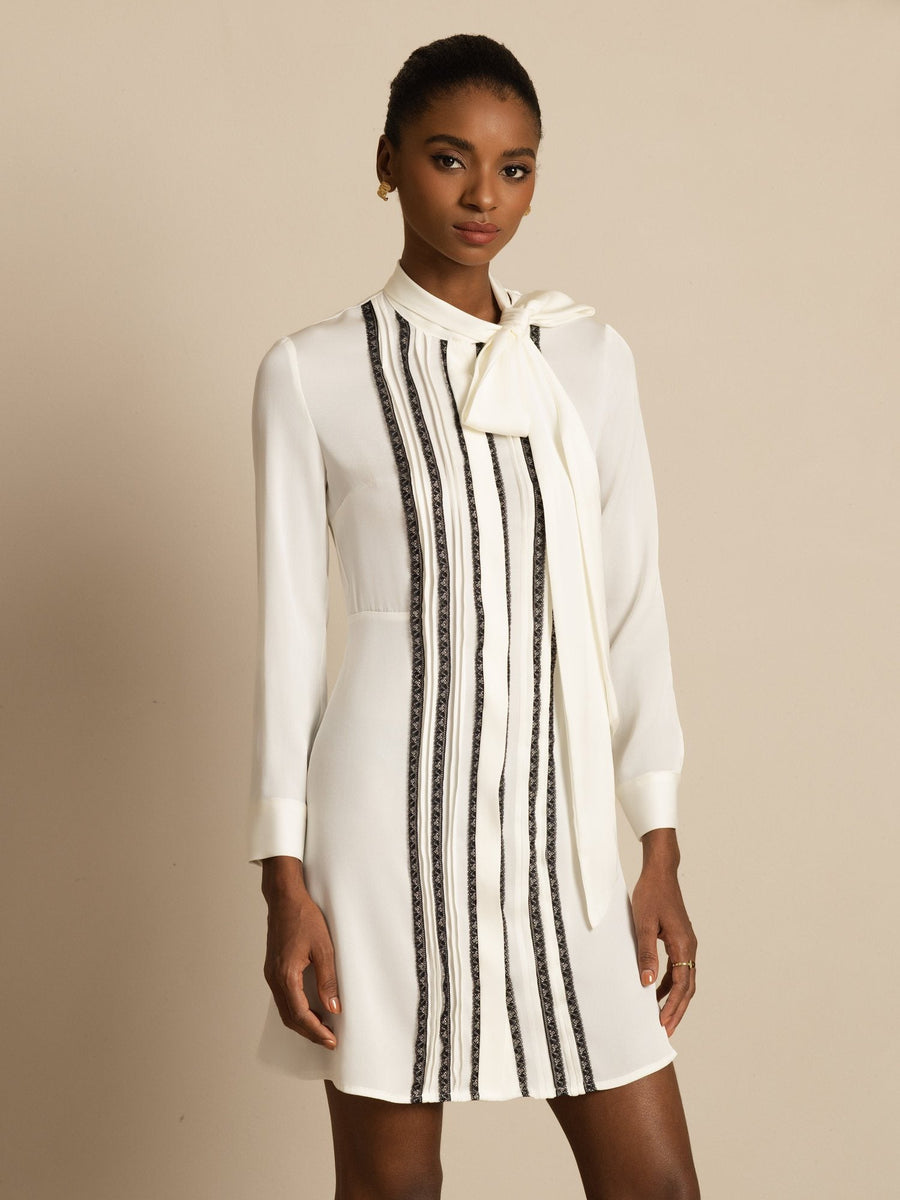 Clearance - 19Momme Silk  Women's Tie-Neck Short Shirt Dress with Vertical Pleated