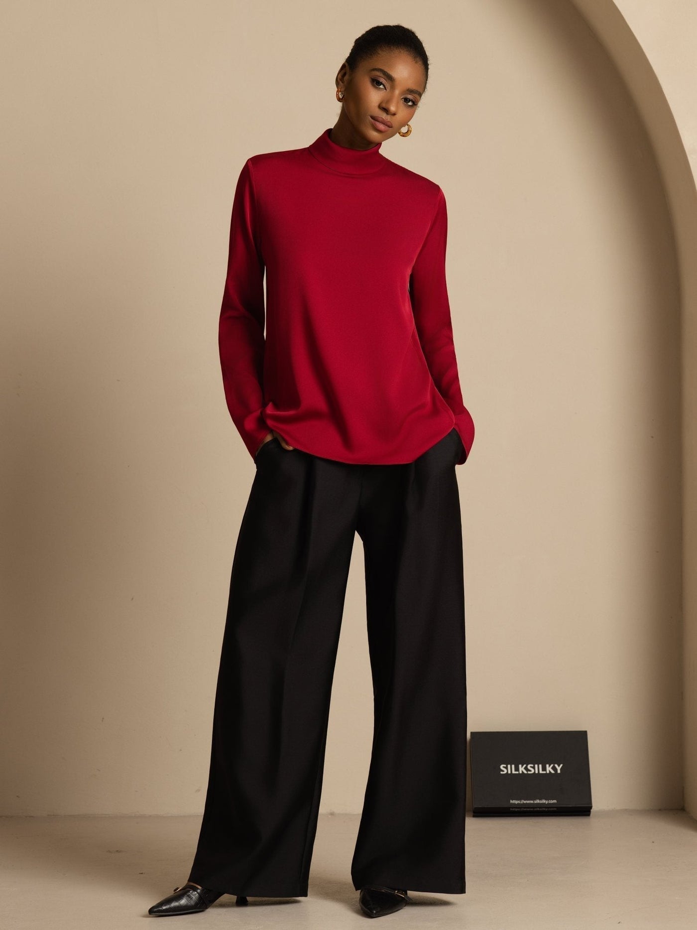 Clearance - 19Momme Silk Women's Turtle Neck Long Sleeve Top