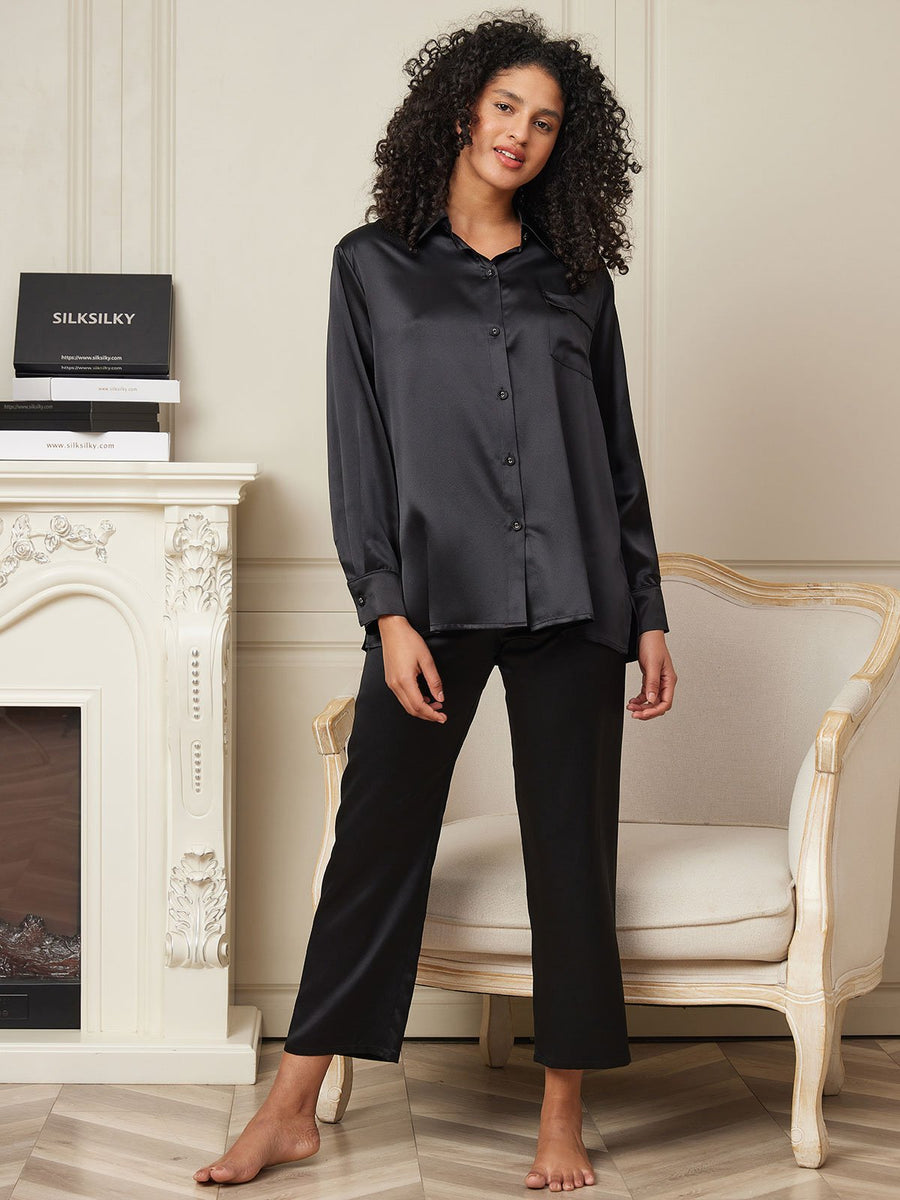 Clearance - 22Momme Pure Silk Casual Long Sleeve Women's Pajamas Set