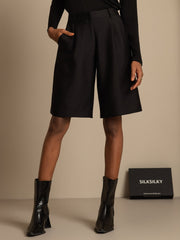 Clearance - 32Momme Silk-Wool Blend High Waist Straight Fit Women's Mid-length Pants with Side Pockets  Design