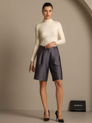 Clearance - 32Momme Silk-Wool Blend High Waist Straight Fit Women's Mid-length Pants with Side Pockets  Design