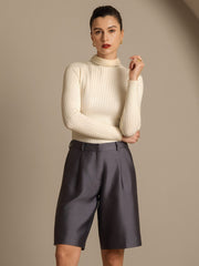 Clearance - 32Momme Silk-Wool Blend High Waist Straight Fit Women's Mid-length Pants with Side Pockets  Design