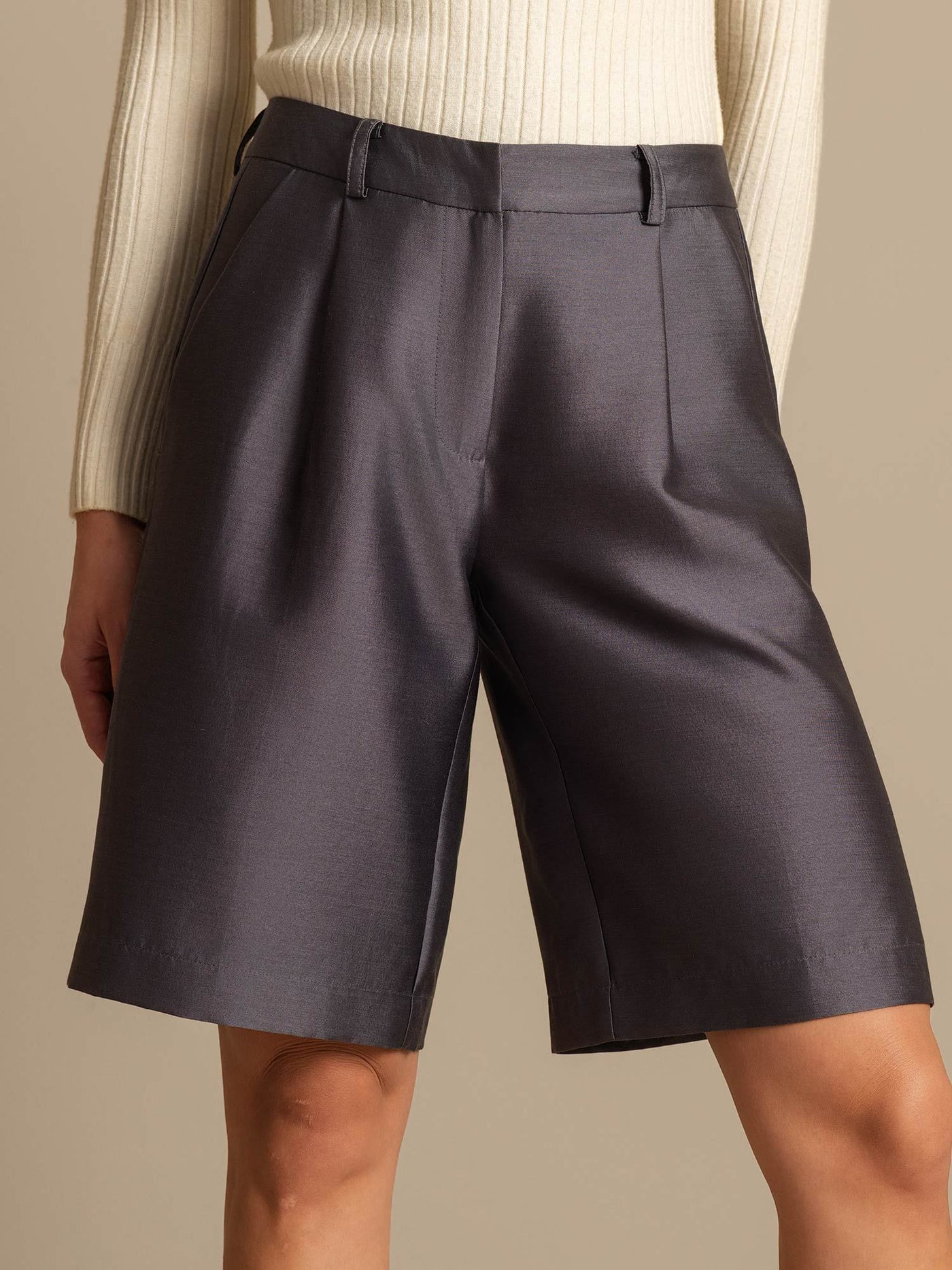 Clearance - 32Momme Silk-Wool Blend High Waist Straight Fit Women's Mid-length Pants with Side Pockets  Design